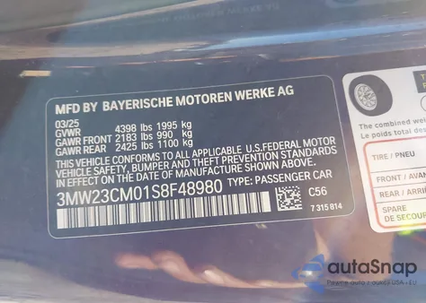 2025 BMW 230I z USA, uszkodzony, nr VIN 3MW23CM01S8F48980